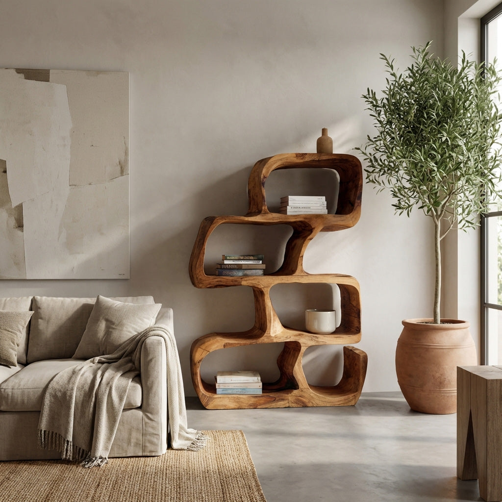 Artistic Wooden Standing Shelf For Modern Home