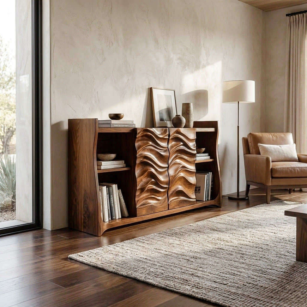 Contemporary Open Bookshelf With Carved Doors For Home Library