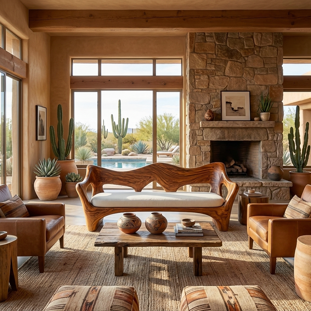 Artistic Wooden Sofa With Curved Backrest For Home Space