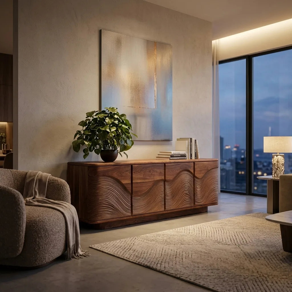 Contemporary Flowing Wave Carved Sideboard For Living Room