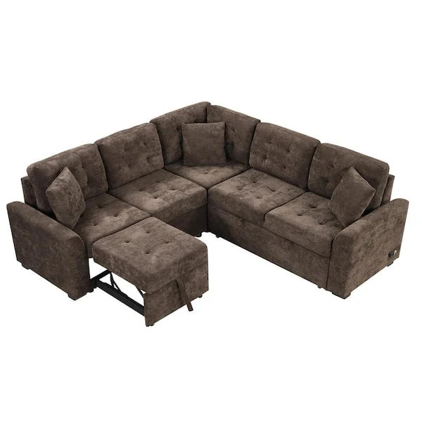 82.6 in L-Shaped Corded Velveteen Sectional Sleeper Sofa, Brown, USB Ports And Power Sockets - 82.6 in W x 82.6 in D x 33 in H