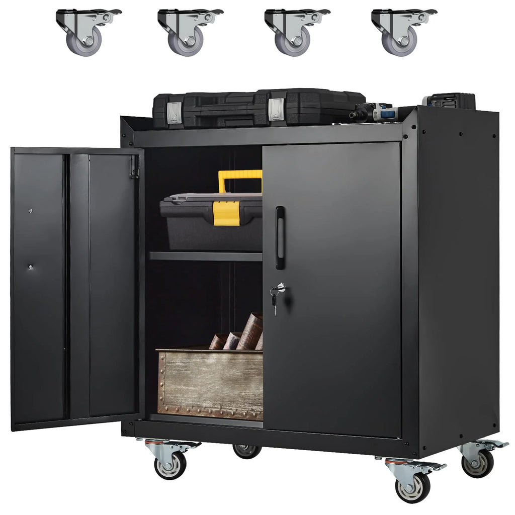 Lockable Metal Garage Storage Cabinet With Wheels, 2 Doors, 34 H X 30.3 L X 18 W - Garage Storage Cabinets
