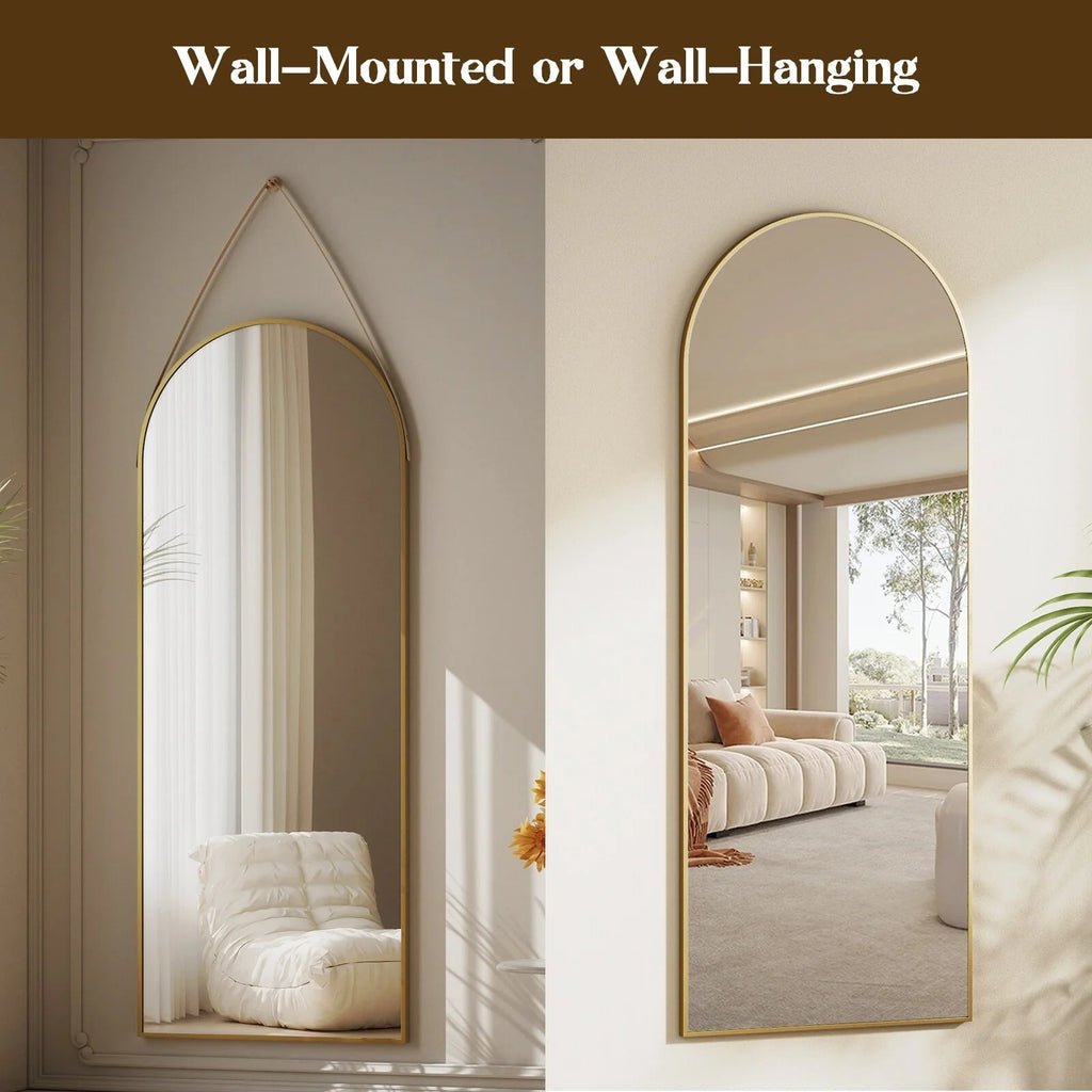 Full Length Wall Mirror, 48 x 16 Inch, Black, Leather Strap