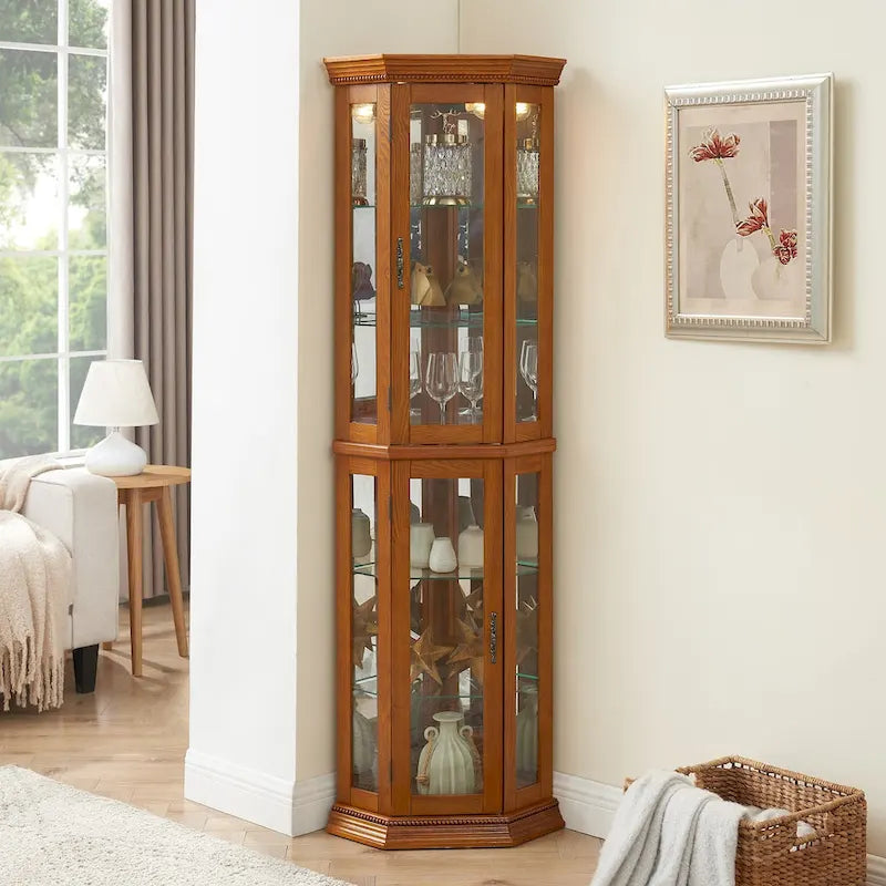 Corner Curio Display Cabinet With Lights, Mirrored Back And 6 Tempered Glass Shelves