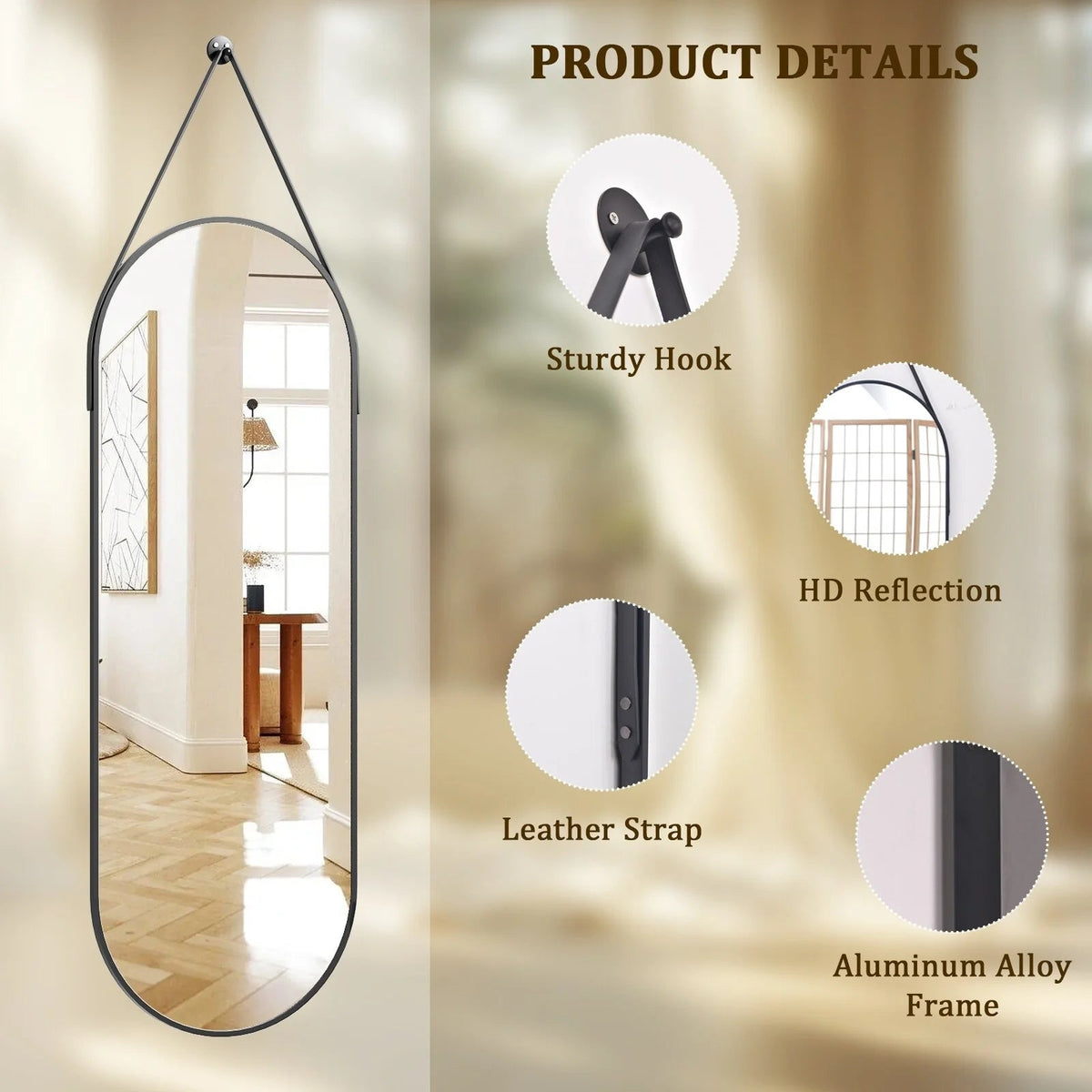 Full Length Wall Mirror, 48 x 16 Inch, Black, Leather Strap