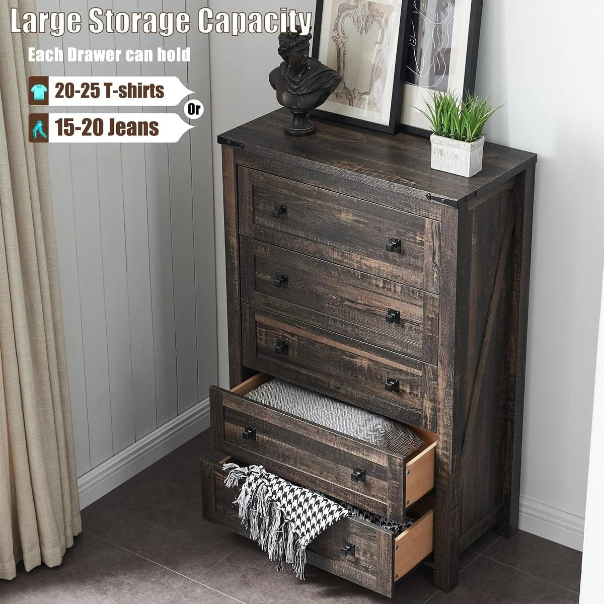 Farmhouse Engineered Wood 5-Drawer Dresser, 15.75in D x 31.25in W x 48in H
