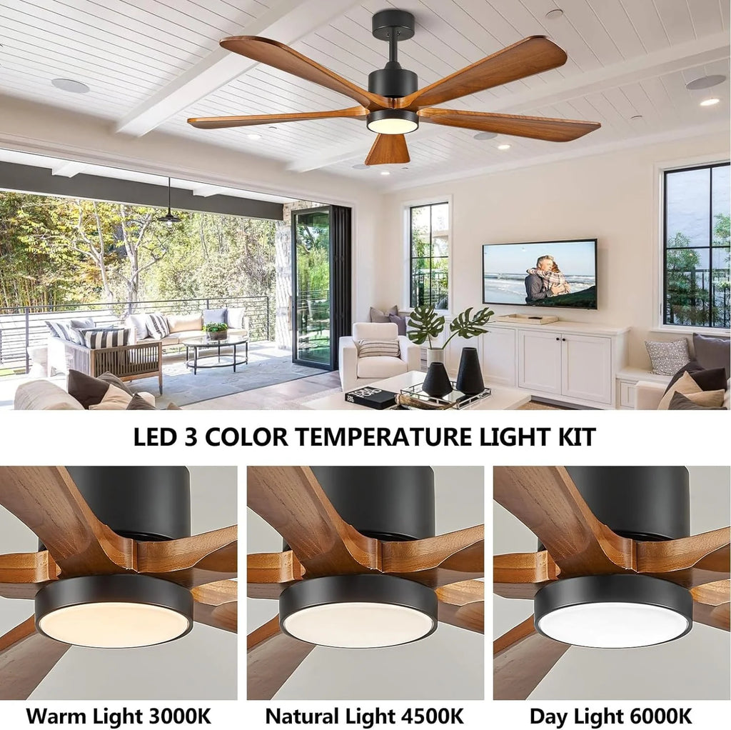 BOOSANT 60 inch Ceiling Fan With LED Light, 5 Solid Wood Blades, 6 Speeds, Deep Brown - 8727