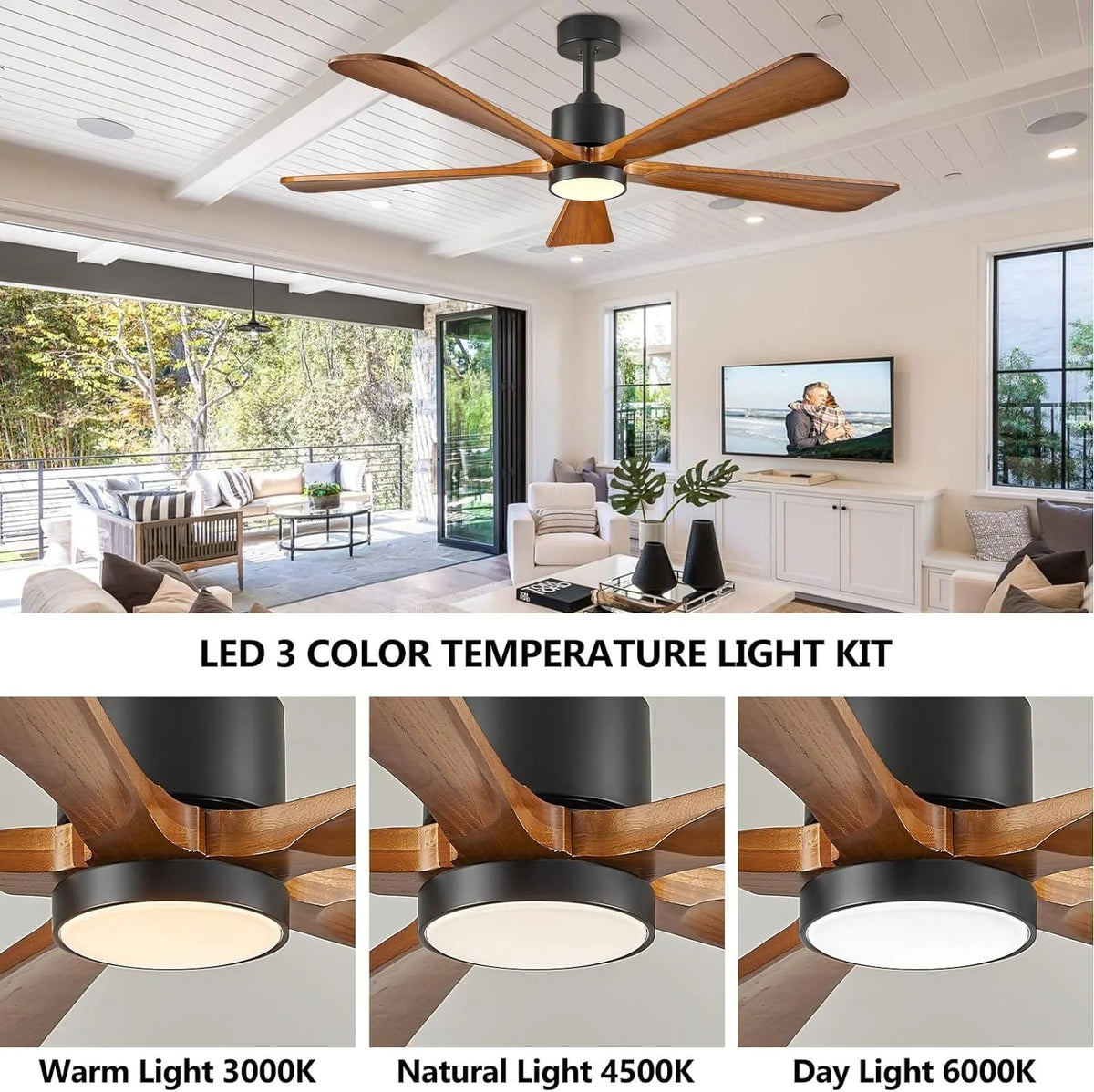 BOOSANT 60 inch Ceiling Fan With LED Light, 5 Solid Wood Blades, 6 Speeds, Deep Brown - 8727