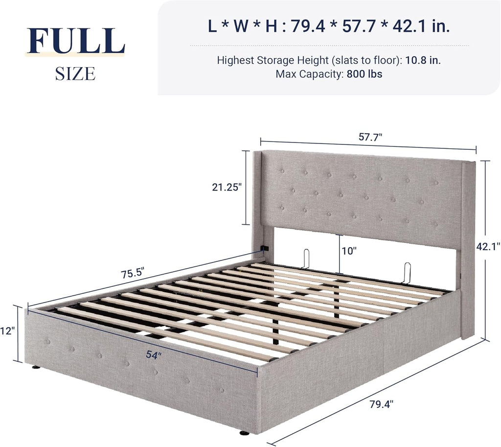 Queen Size Lift-Up Storage Bed With Wingback Headboard, Upholstered Platform Bed Frame With Hidden Storage