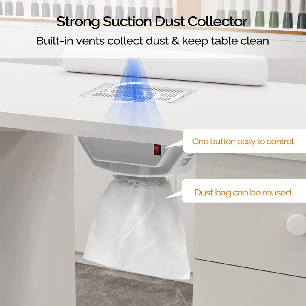 OmySalon Manicure Table Nail Desk With Electric Dust Collector, 4 Drawers, 3-Layer Cabinet