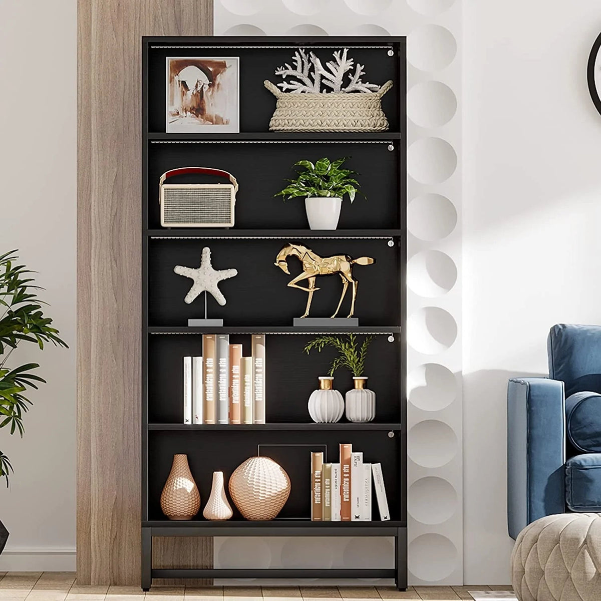 5-Tier Bookcase 31.5 Inch Wide x 11.81 Inch Deep x 70.87 Inch Tall - Sandalwood, Walnut, White, Black