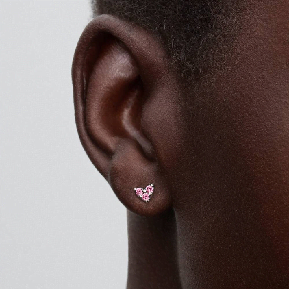 Triple Stone Pink Heart Stud Earrings