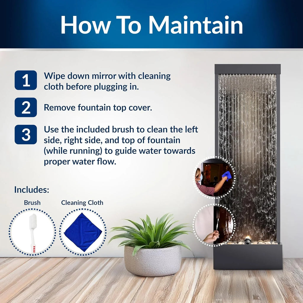 Alpine Corporation Wall-Mounted Mirror Waterfall Fountain With Stones And LED Lights, 24in L x 10in W x 72in H, Silver