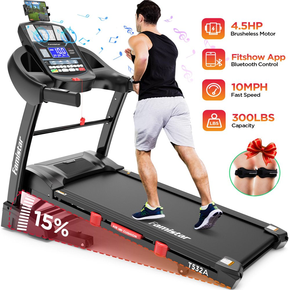 Famistar Folding Treadmill With 15 Levels Auto Incline, 300LB Capacity And 10MPH Speed