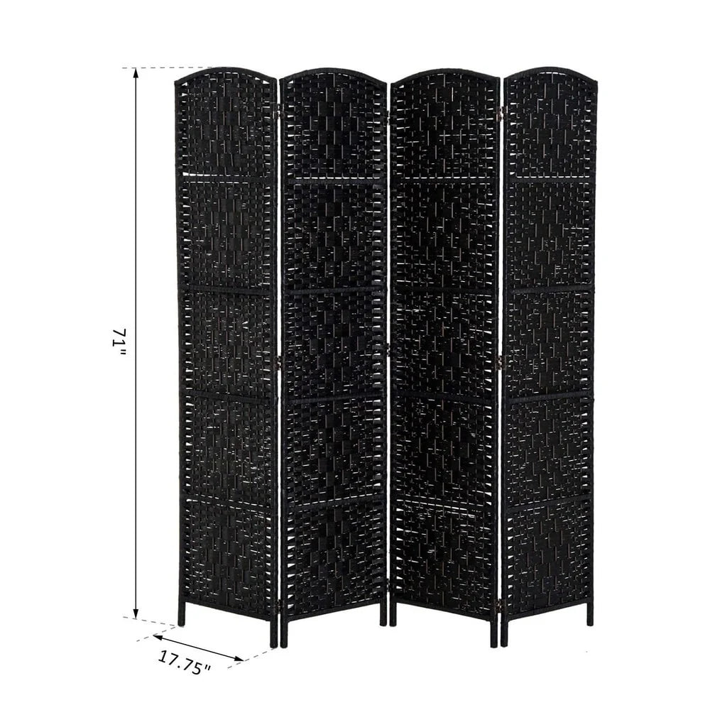 6 Ft Tall Four-Panel Wicker Weave Room Divider, Black Wood Privacy Screen