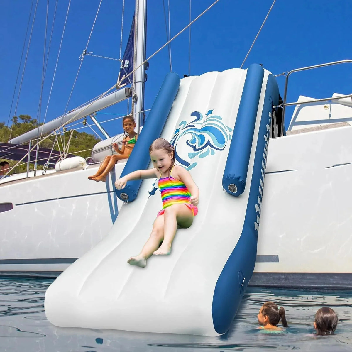 WUHUWOO Inflatable Pontoon Boat Water Slide, Blue - Electric Air Pump And Storage Bag