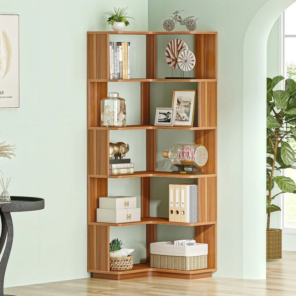 6-Tier Corner Bookshelf, 64.9 Inch Tall, Freestanding Wood Industrial Bookcase