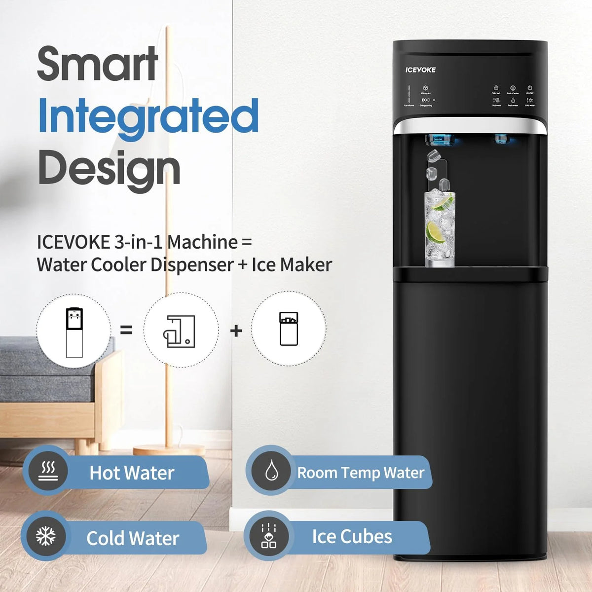 ICEVOKE Self-Cleaning Bottom-Load Water Dispenser With Ice Maker, 5 Gallon, Black