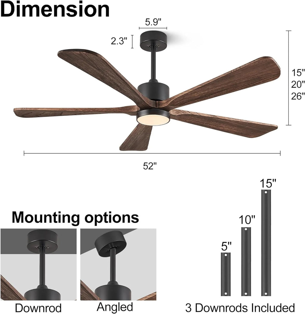 BOOSANT 60 inch Ceiling Fan With LED Light, 5 Solid Wood Blades, 6 Speeds, Deep Brown - 8727