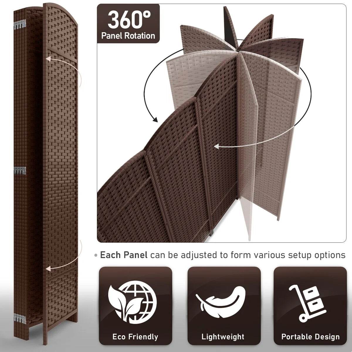 6-Panel Room Divider Privacy Screen With Hand-Woven Mesh Panels - 6 Ft Tall