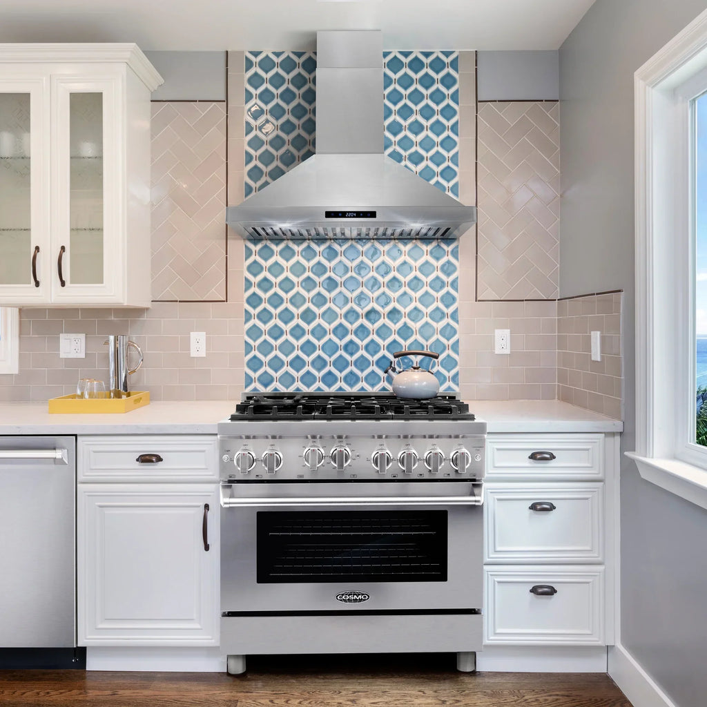 Cosmo 4-Piece Kitchen Appliance Package - 30 in Gas Range, Wall Mount Range Hood, 24 in Built-In Dishwasher, French Door Refrigerator