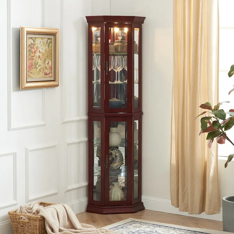 Corner Curio Display Cabinet With Lights, Mirrored Back And 6 Tempered Glass Shelves