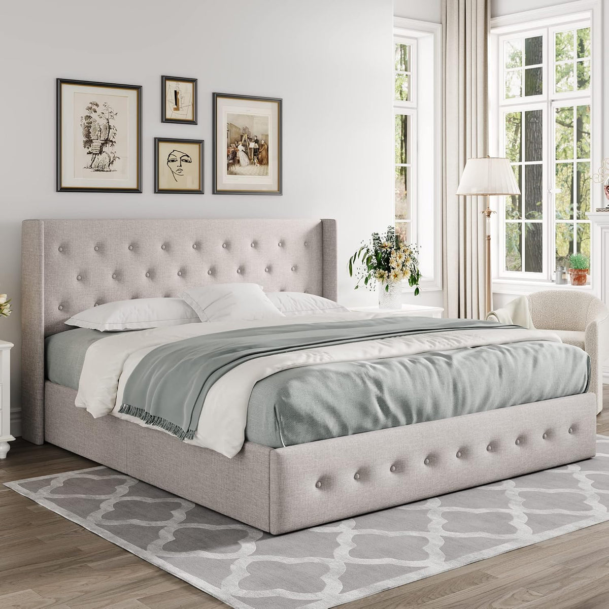 Queen Size Lift-Up Storage Bed With Wingback Headboard, Upholstered Platform Bed Frame With Hidden Storage