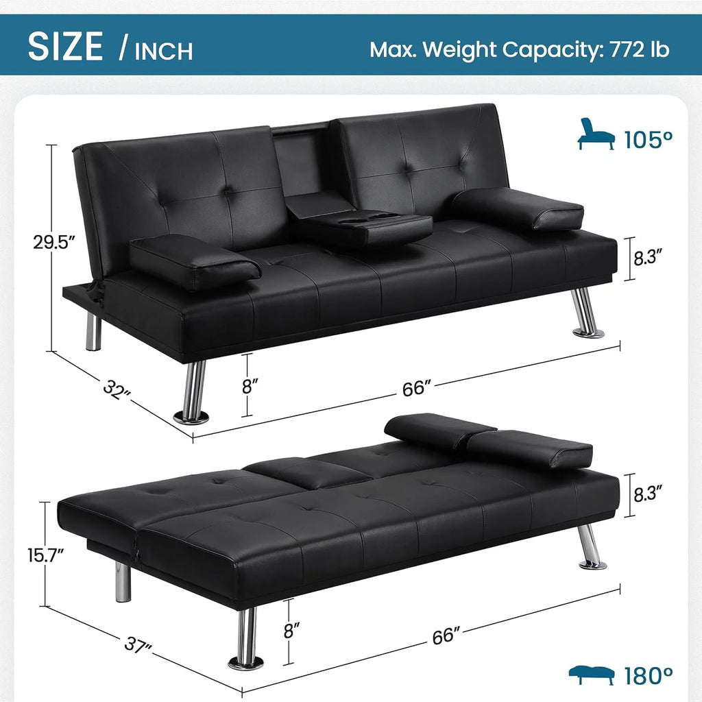 Yaheetech Convertible Faux Leather Sofa Bed, 3 Angles, 772lb Capacity, Black