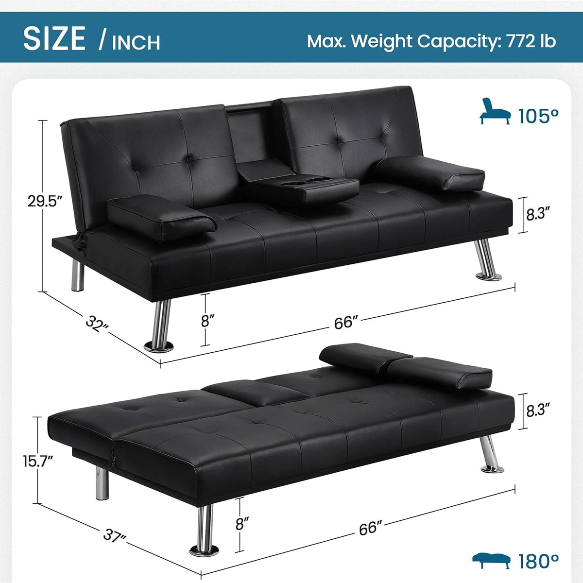Yaheetech Convertible Faux Leather Sofa Bed, 3 Angles, 772lb Capacity, Black