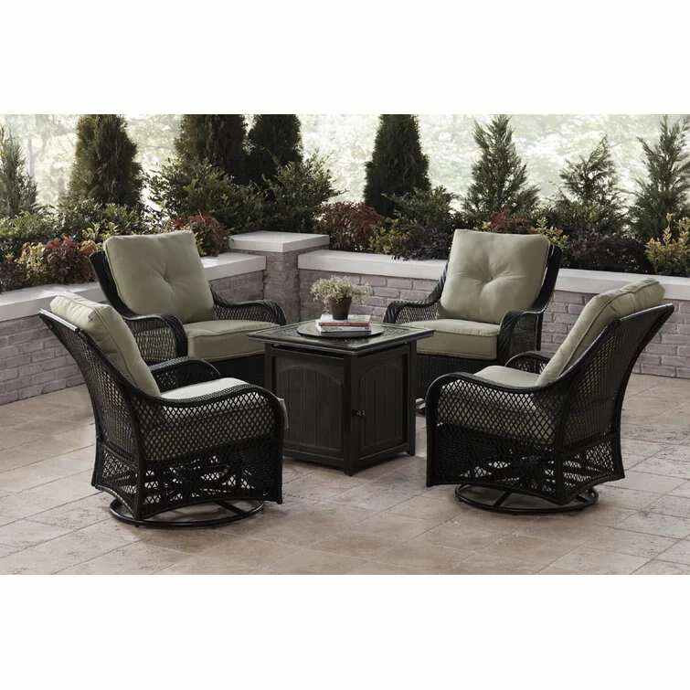 Hanover Orleans 5-Piece Steel Patio Fire Pit Conversation Set With Navy Blue Cushions, Swivel Gliders And Square Fire Pit Table