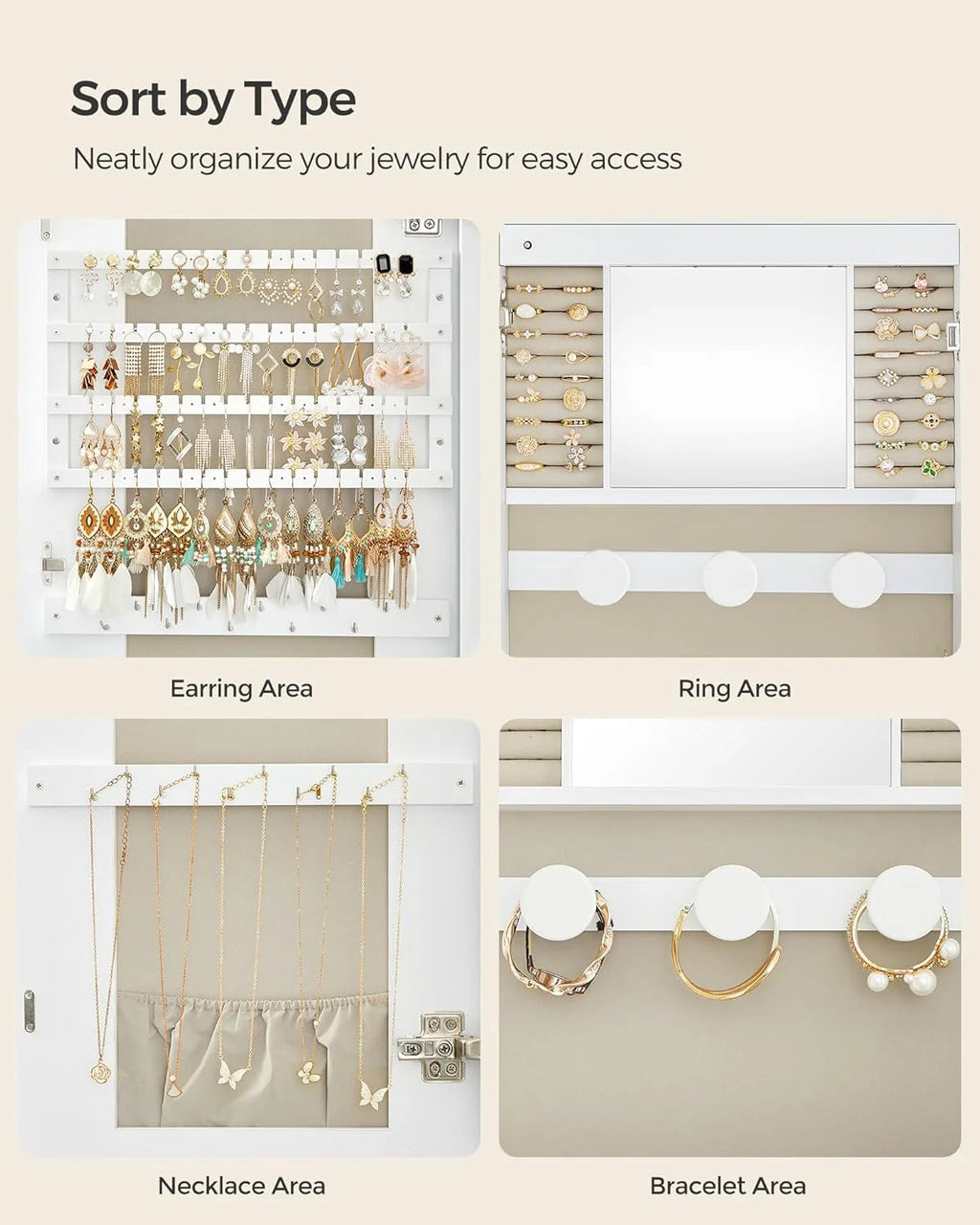 LED Wall-Mounted Jewelry Organizer Cabinet With Mirror - 3.9 in D x 16.5 in W x 42.5 in H
