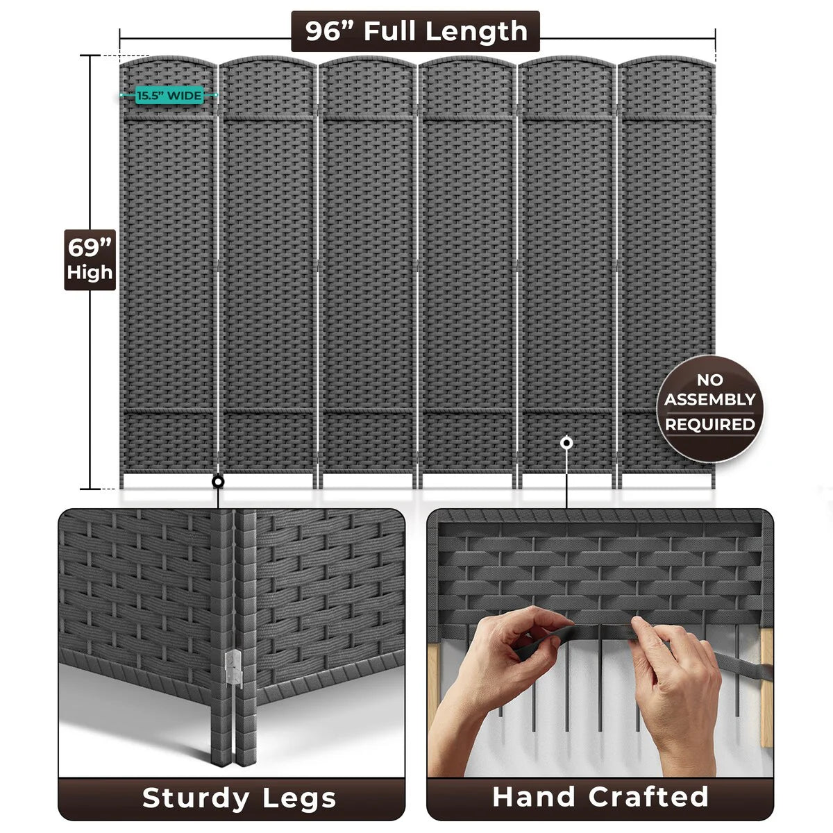 6-Panel Room Divider Privacy Screen With Hand-Woven Mesh Panels - 6 Ft Tall