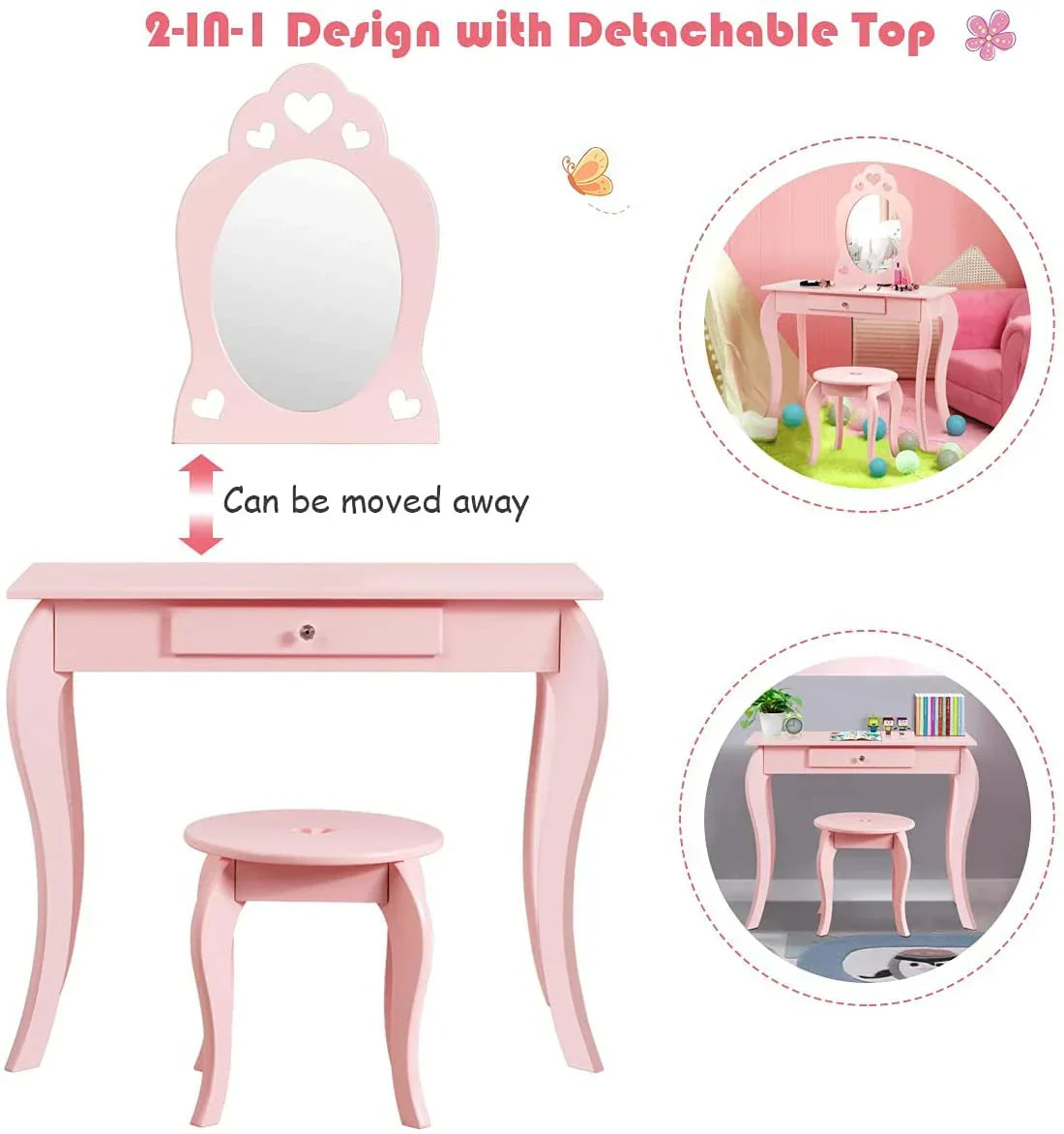 Fireflowery Kids Vanity Table With Detachable Top, Mirror And Drawer - FY-HW64356