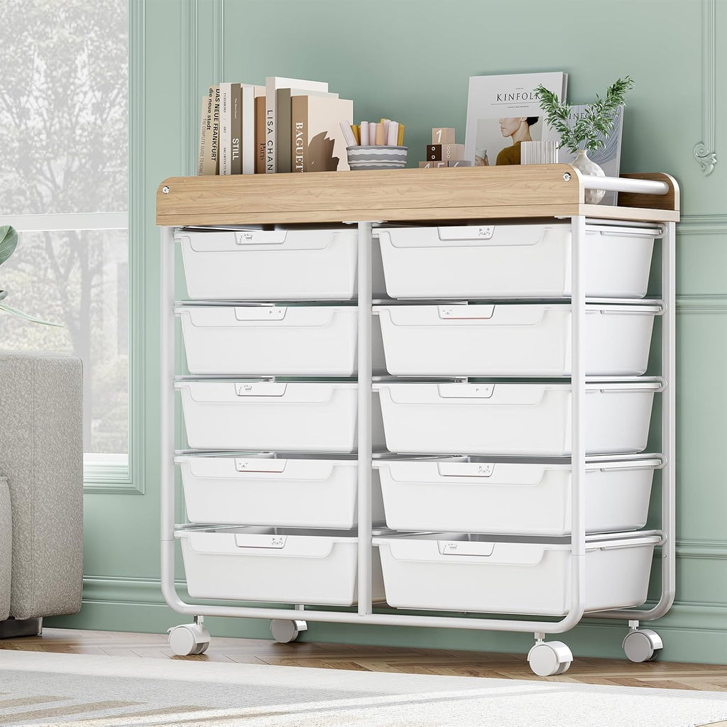 Rolling Storage Cart With 10 Large Drawers And Wooden Tabletop - Green