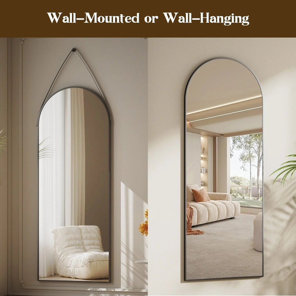Full Length Wall Mirror, 48 x 16 Inch, Black, Leather Strap