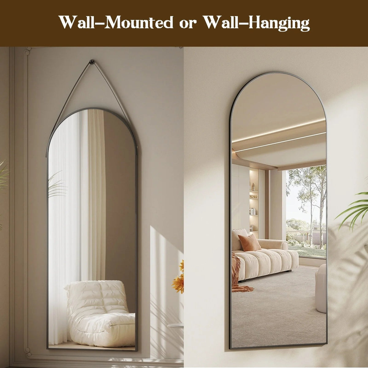 Full Length Wall Mirror, 48 x 16 Inch, Black, Leather Strap
