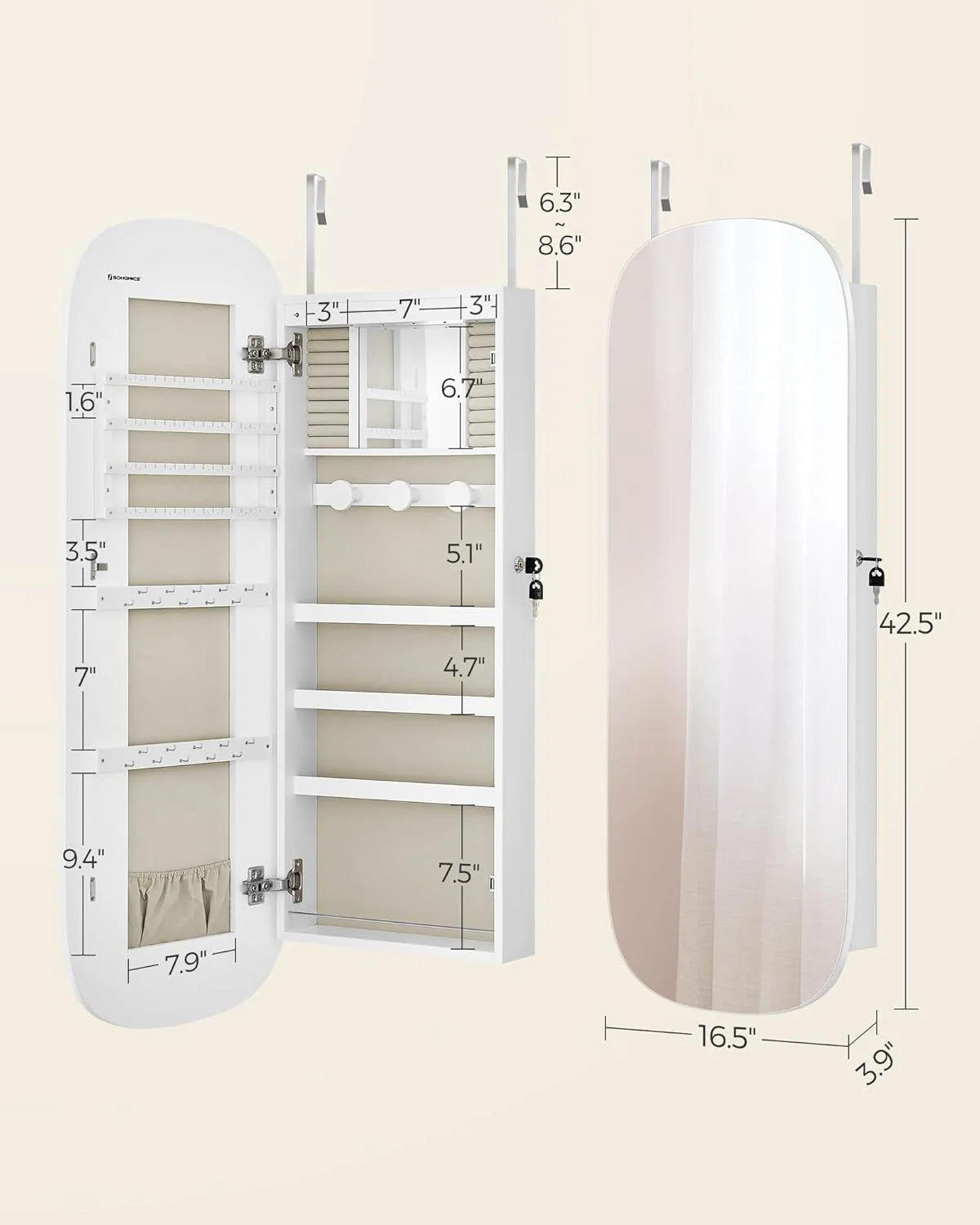 LED Wall-Mounted Jewelry Organizer Cabinet With Mirror - 3.9 in D x 16.5 in W x 42.5 in H