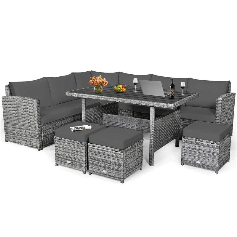7-Piece Rattan Patio Dining Set With 3 Corner Chairs, 3 Ottomans And Table