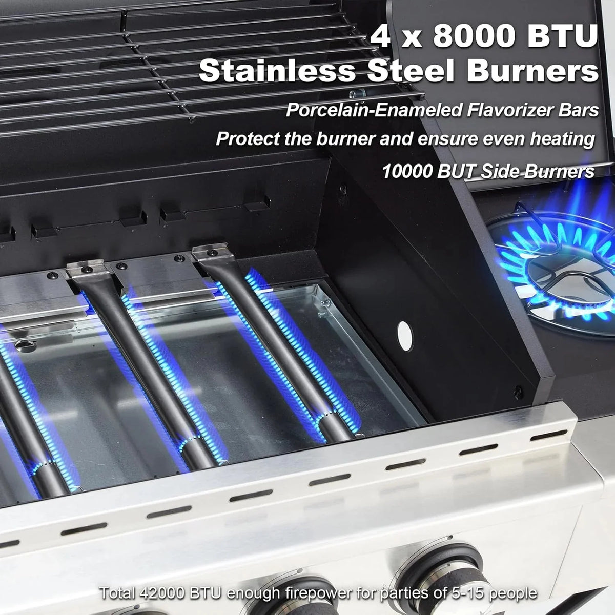 MELLCOM 4 Burner Propane Gas Grill With Cast Iron Grates And Side Stove, 44,000 BTU, Black - BBQ-4+1
