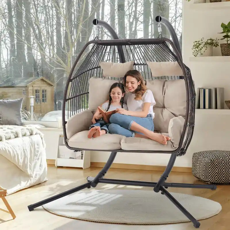 Outdoor Swing Loveseat With Stand, Foldable Hanging Chair, Hammock Cushion And Awning - Beige