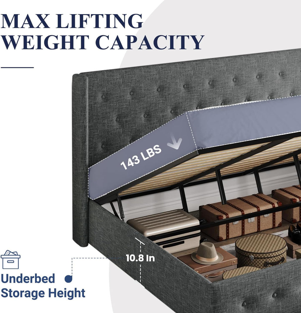 Queen Size Lift-Up Storage Bed With Wingback Headboard, Upholstered Platform Bed Frame With Hidden Storage