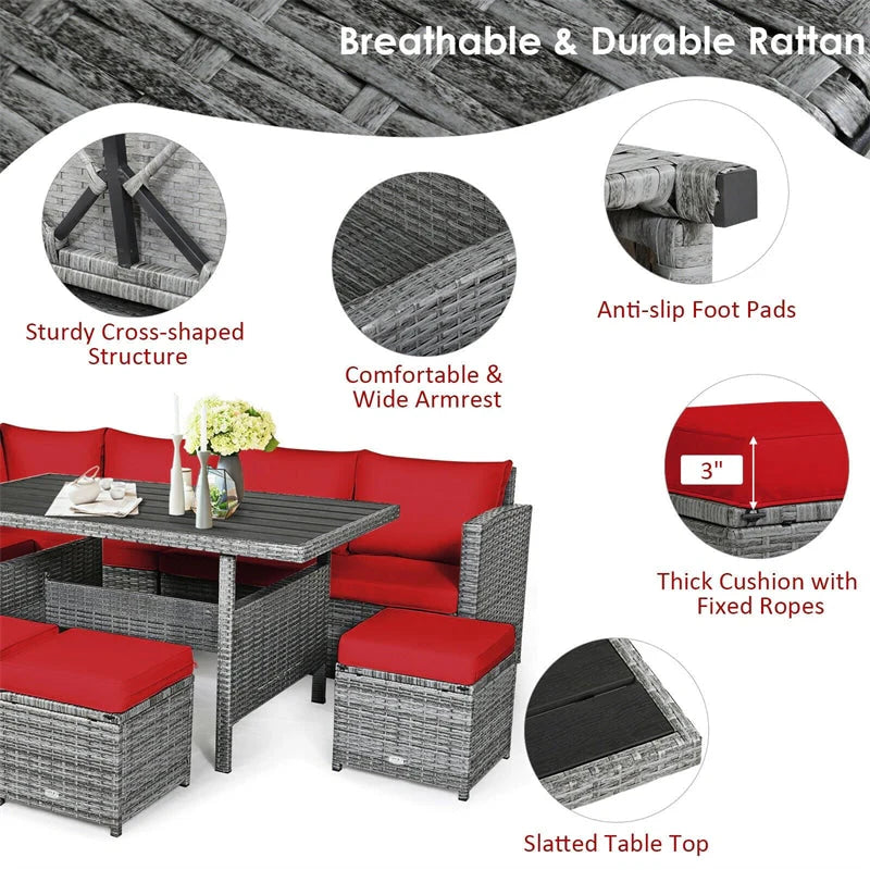 7-Piece Rattan Patio Dining Set With 3 Corner Chairs, 3 Ottomans And Table