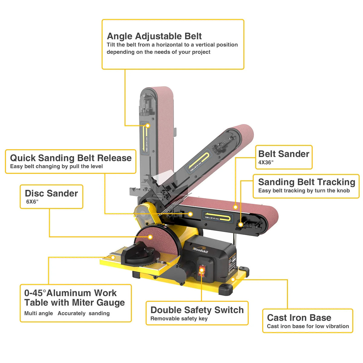 Woodskil Belt And Disc Sander, 4 x 36 in Belt, 6 in Disc, 4.3A