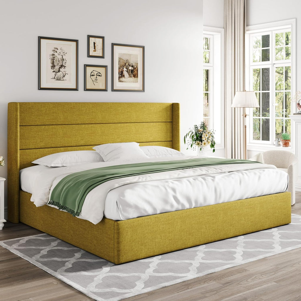 Queen Size Lift-Up Storage Bed With Wingback Headboard, Upholstered Platform Bed Frame With Hidden Storage