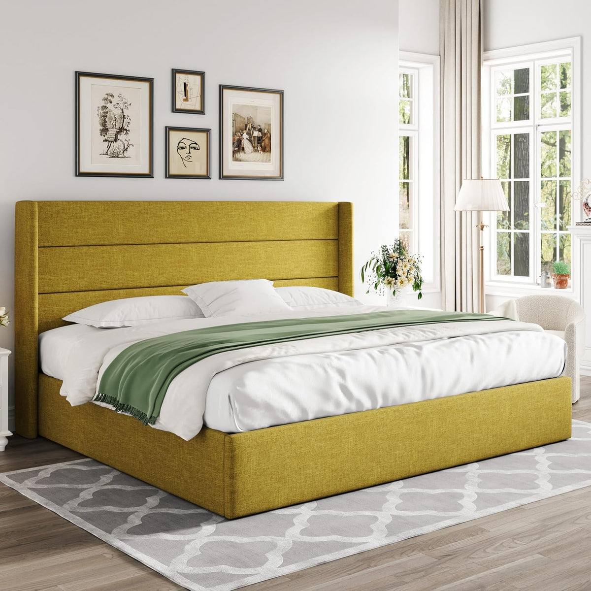Queen Size Lift-Up Storage Bed With Wingback Headboard, Upholstered Platform Bed Frame With Hidden Storage