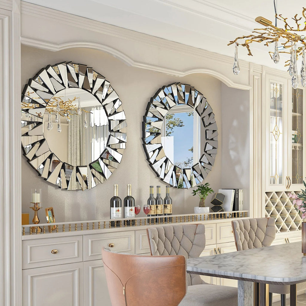 32 Inch Round Sunburst Decorative Wall Mirror, Silver Glass - 31.5 Inch