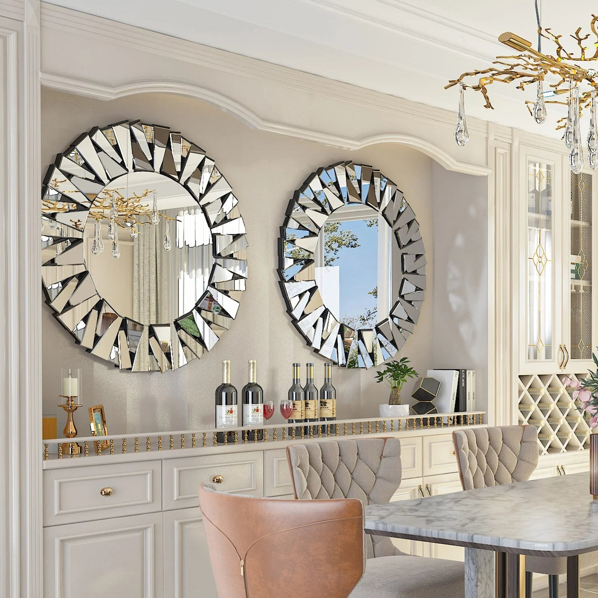 32 Inch Round Sunburst Decorative Wall Mirror, Silver Glass - 31.5 Inch