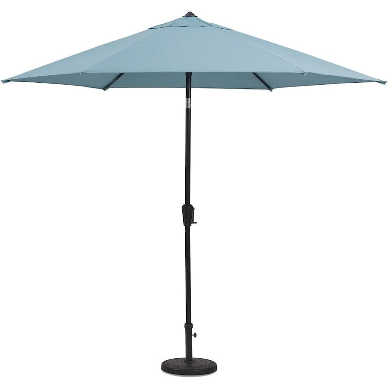 Hanover 5-Piece Outdoor Dining Set, Ocean Blue, 52-in Round Glass-Top Table, 4 Chairs, 9-ft Umbrella and Base - Lavallette