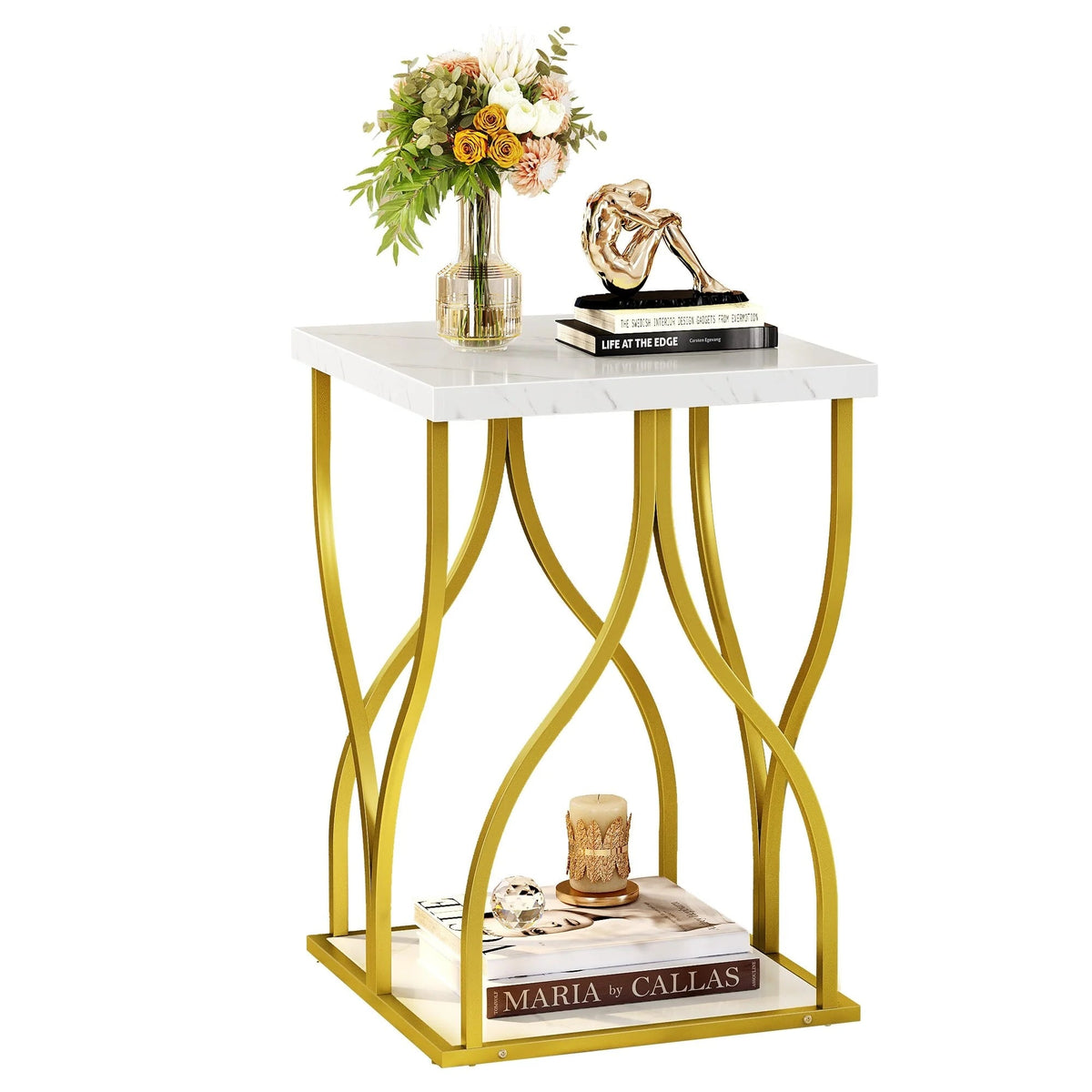 Console Table With Faux Marble MDF Top And Gold Metal Frame