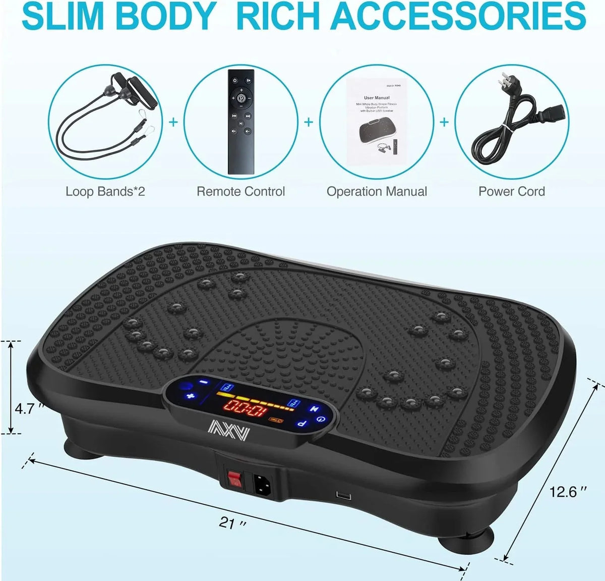 AXV Vibration Plate Fitness Platform, Gray, 2 Resistance Bands - Slim-Gray